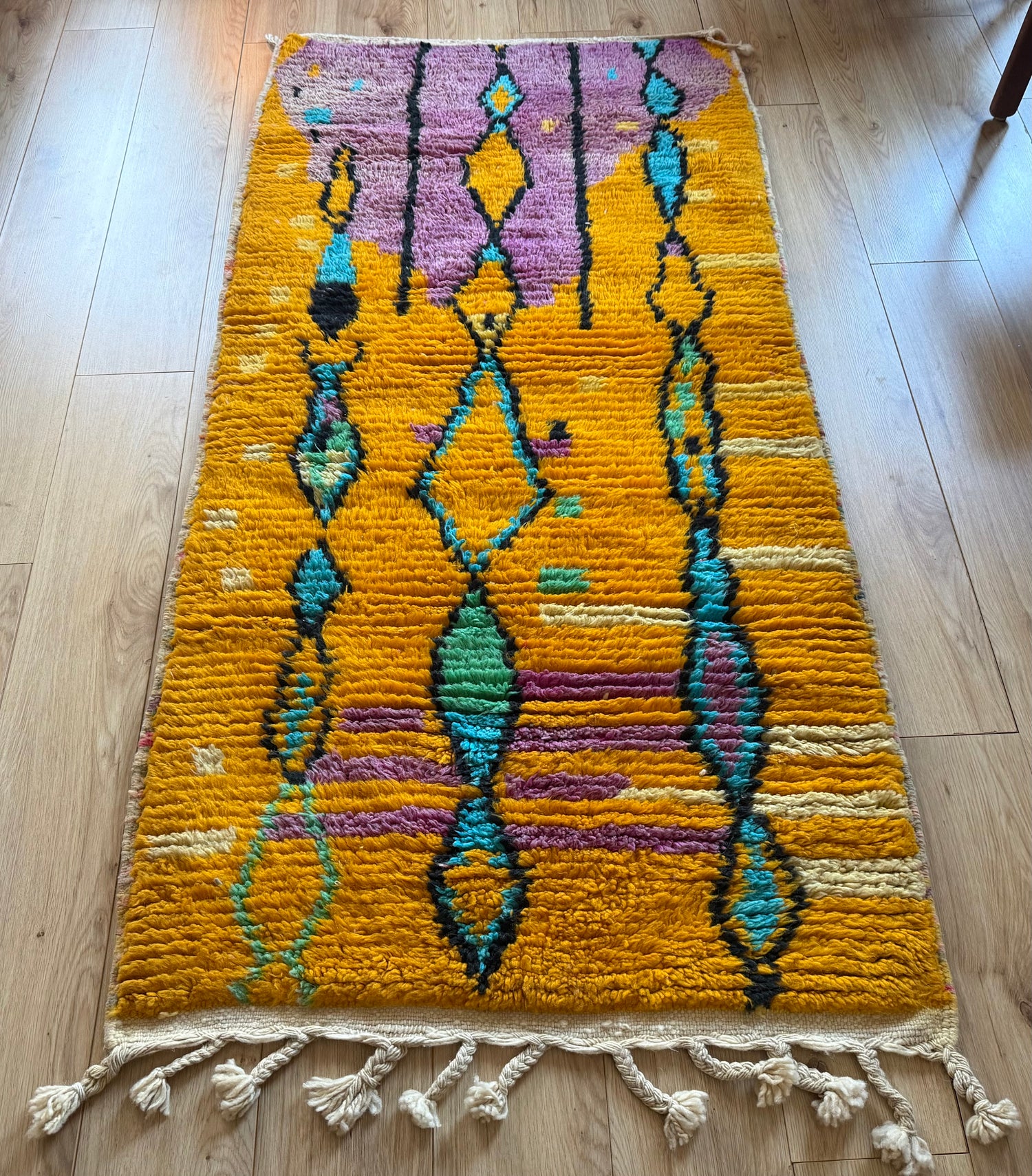 Vintage Moroccan runner – mustard yellow, lilac, and turquoise – 211 × 100 cm