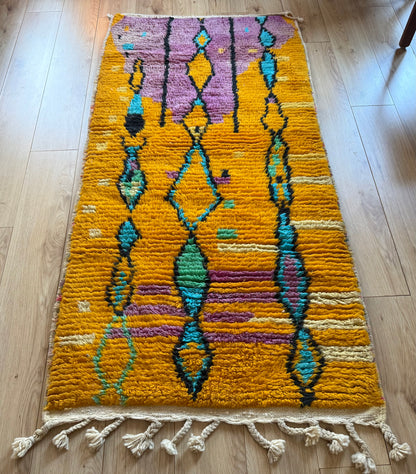 Vintage Moroccan runner – mustard yellow, lilac, and turquoise – 211 × 100 cm