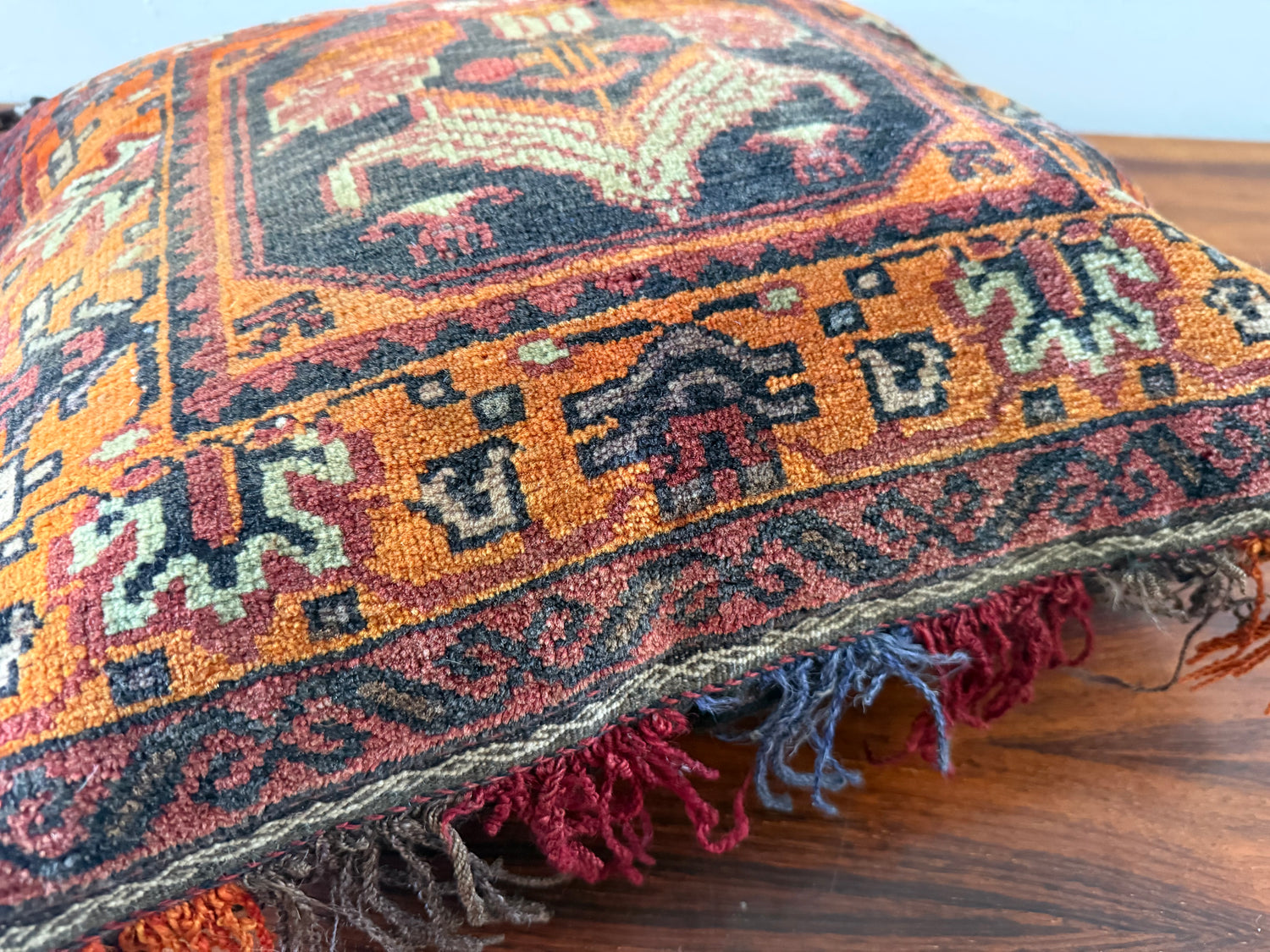 Vintage nomadic floor cushion made of hand-knotted wool, one of a kind