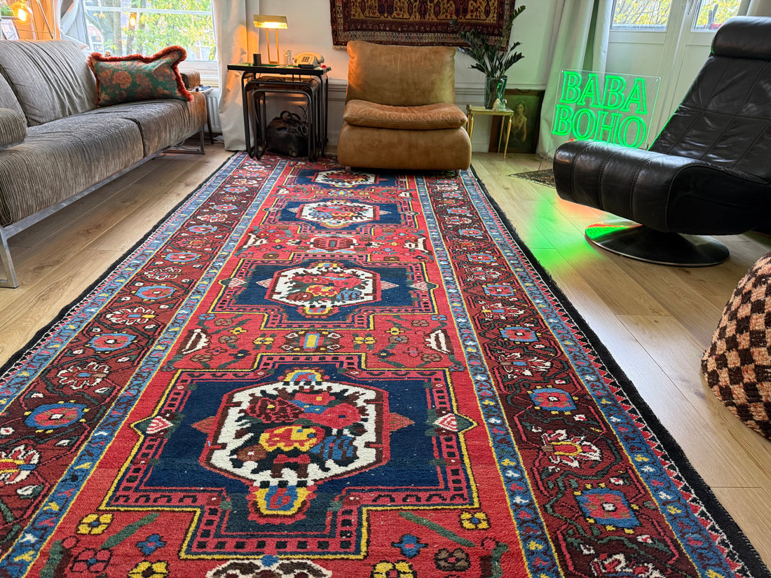 Lang vintage Heriz-stijl tapijt – 405 × 165 cm