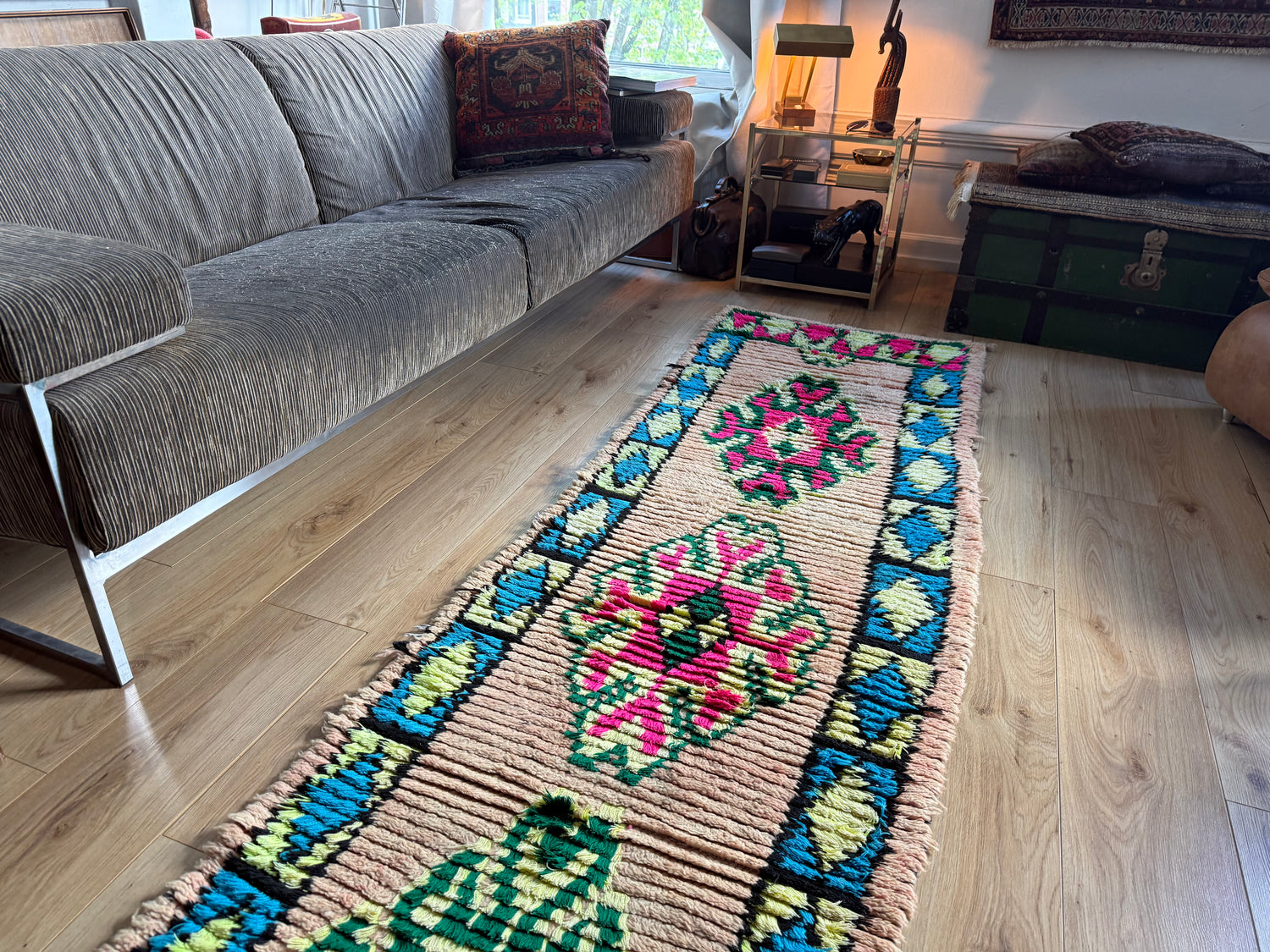 Vintage Moroccan Runner in Pink and Turquoise – 280 × 78 cm