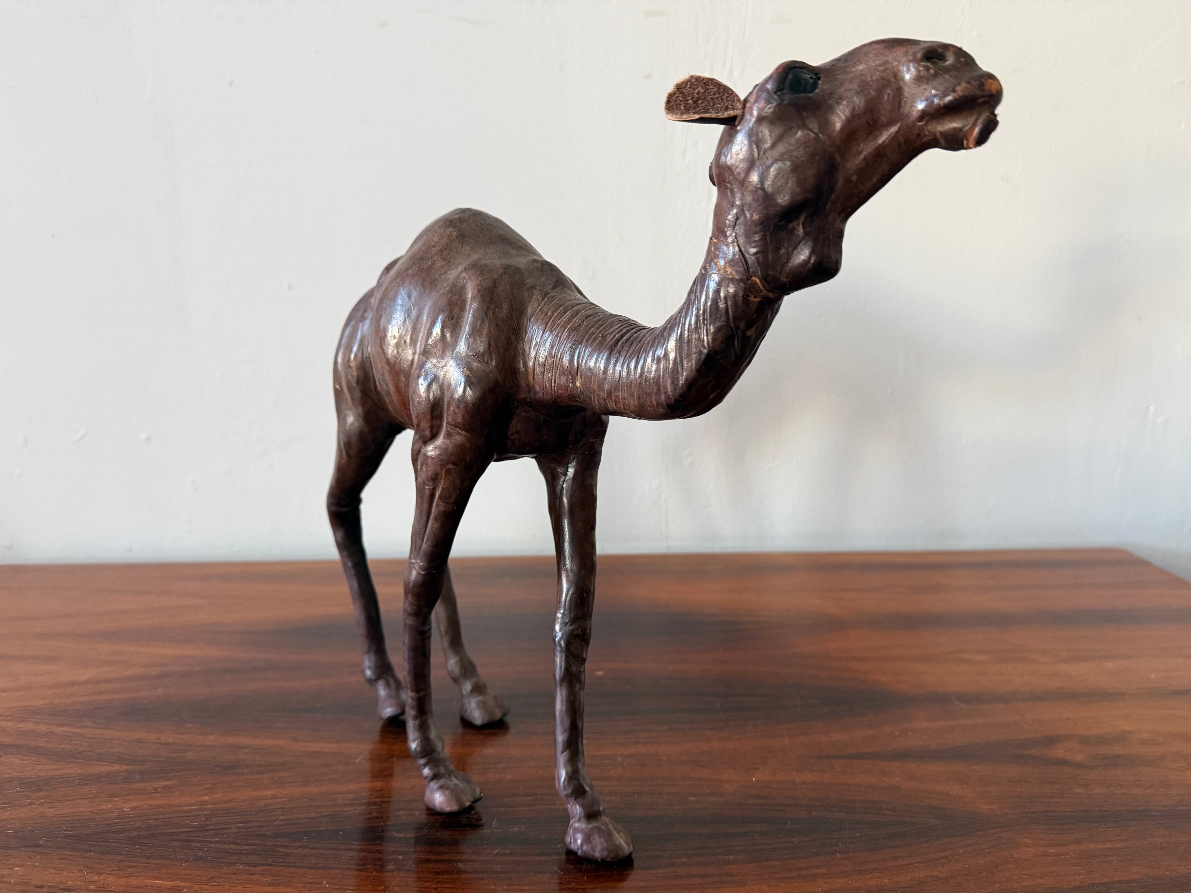 Vintage Dark Leather Camel (Dromedary) – Sculptural Handcrafted Wood &amp; Leather Object