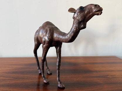 Vintage Dark Leather Camel (Dromedary) – Sculptural Handcrafted Wood &amp; Leather Object