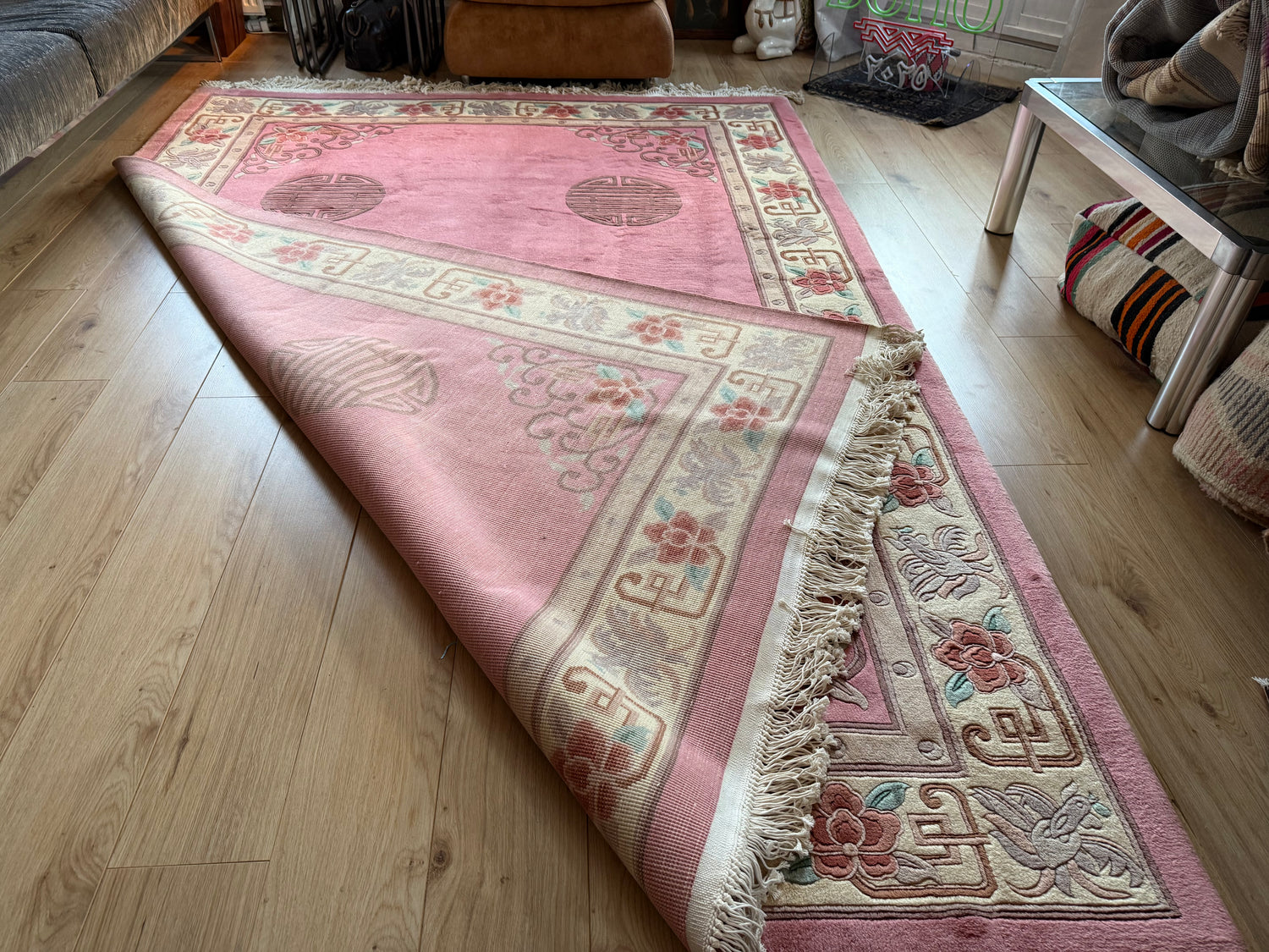 Vintage Art Deco tapijt in warm roze – 330 × 215 cm