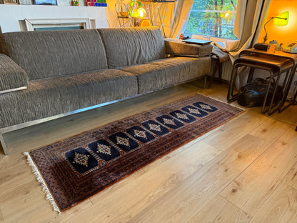 Handgeknoopte vintage loper – Baluchi stijl – ca. 280 × 75 cm