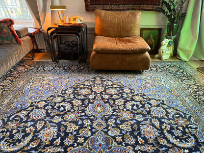 XL vintage medaillon tapijt in nachtblauw &amp; lichtblauw – ca. 408×295 cm