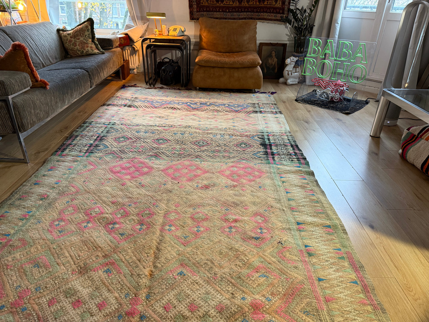 Vintage Berber tapijt in zachte pasteltinten – 362 × 180 cm
