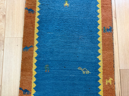 Vintage handgeknoopte loper – blauw &amp; oker – ca. 302 × 77,5 cm