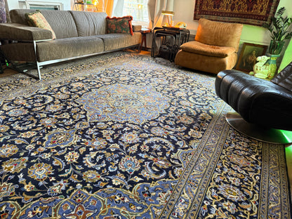 XL vintage medaillon tapijt in nachtblauw &amp; lichtblauw – ca. 408×295 cm