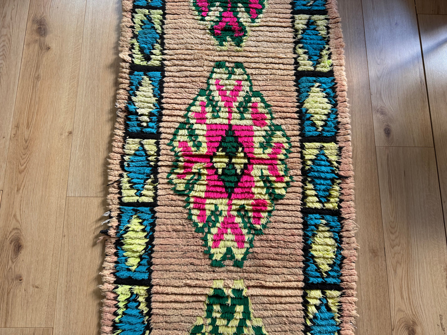 Vintage Moroccan Runner in Pink and Turquoise – 280 × 78 cm