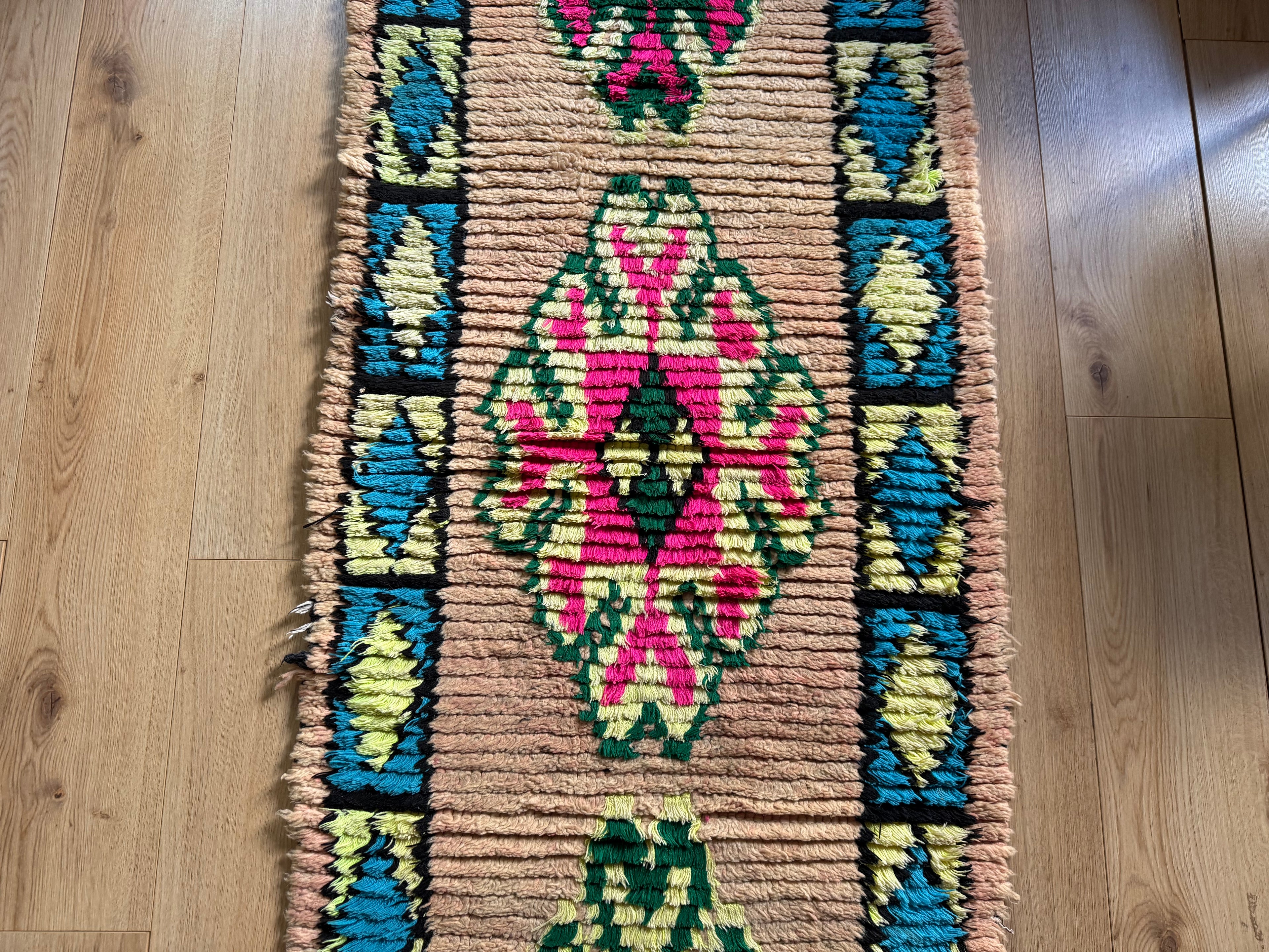 Vintage Moroccan Runner in Pink and Turquoise – 280 × 78 cm