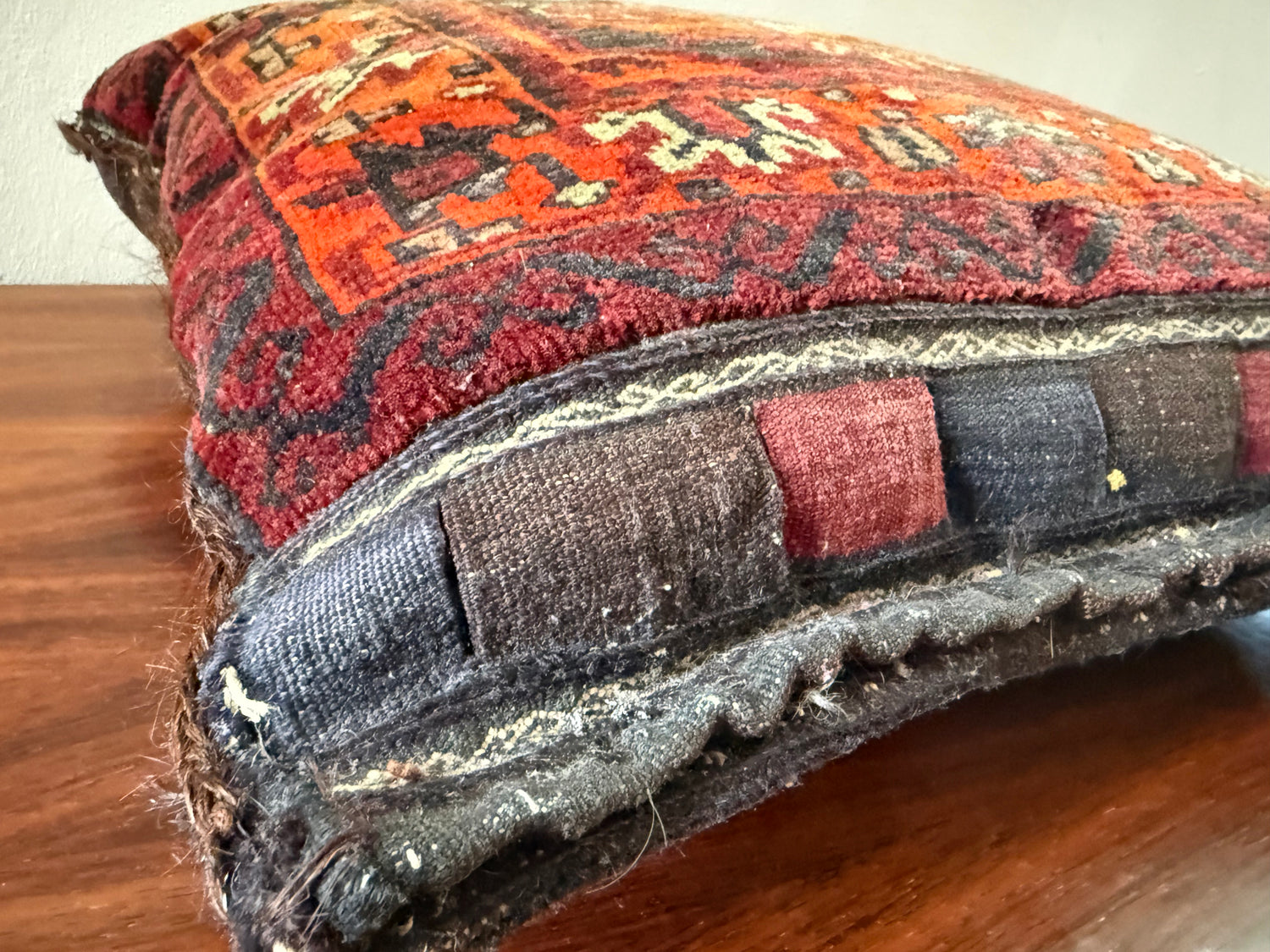 Vintage nomadic floor cushion made of hand-knotted wool, one of a kind