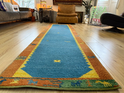 Vintage handgeknoopte loper – blauw &amp; oker – ca. 302 × 77,5 cm