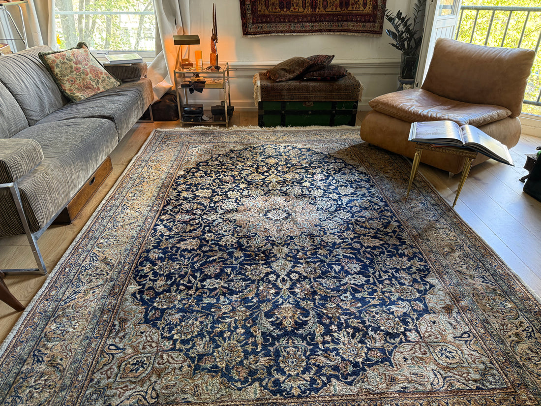 Handgeknoopt tapijt 304 × 202 cm – Kashan stijl – blauw veld