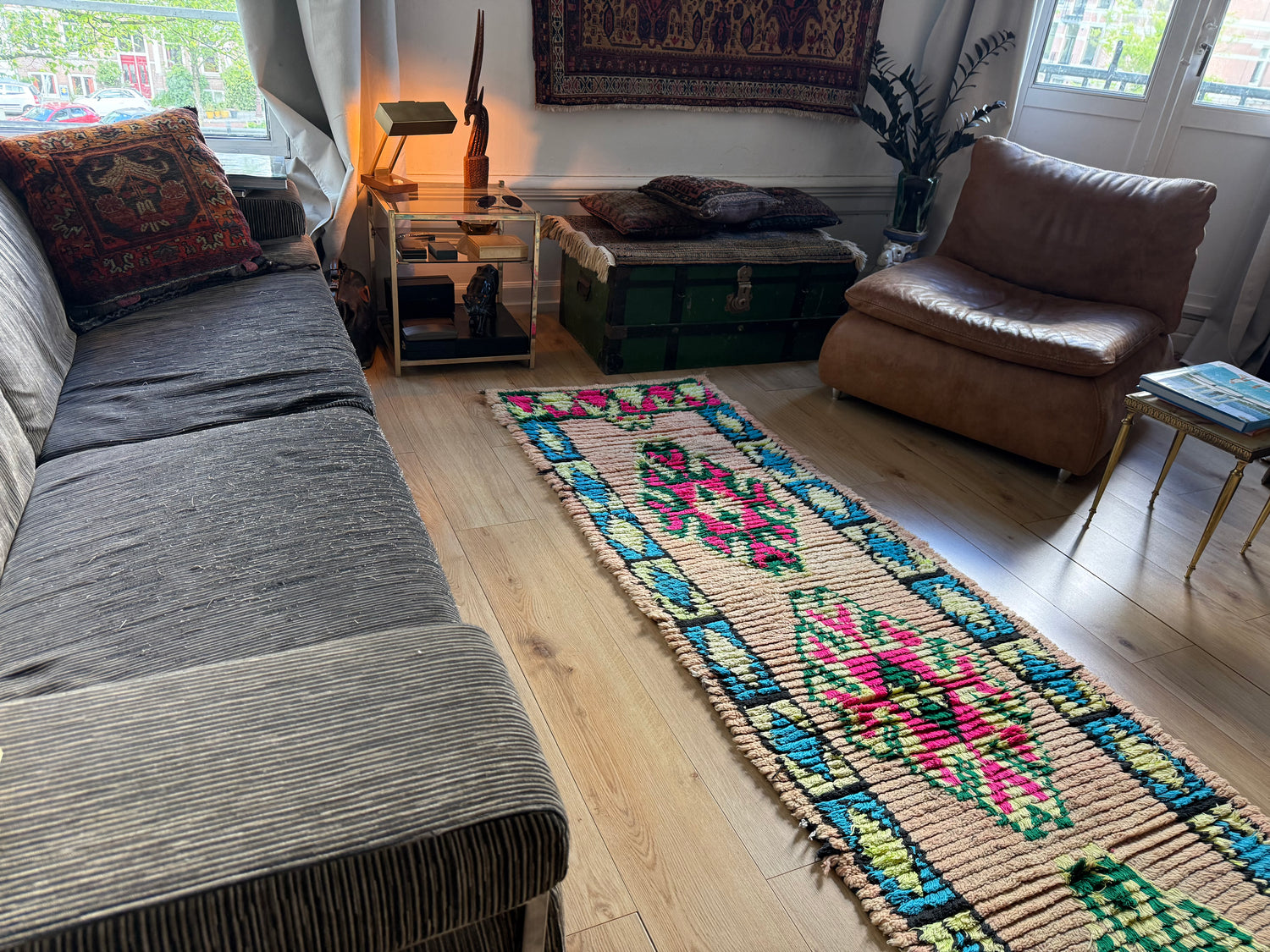 Vintage Moroccan Runner in Pink and Turquoise – 280 × 78 cm