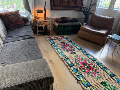 Vintage Moroccan Runner in Pink and Turquoise – 280 × 78 cm