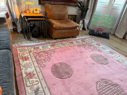 Vintage Art Deco tapijt in warm roze – 330 × 215 cm