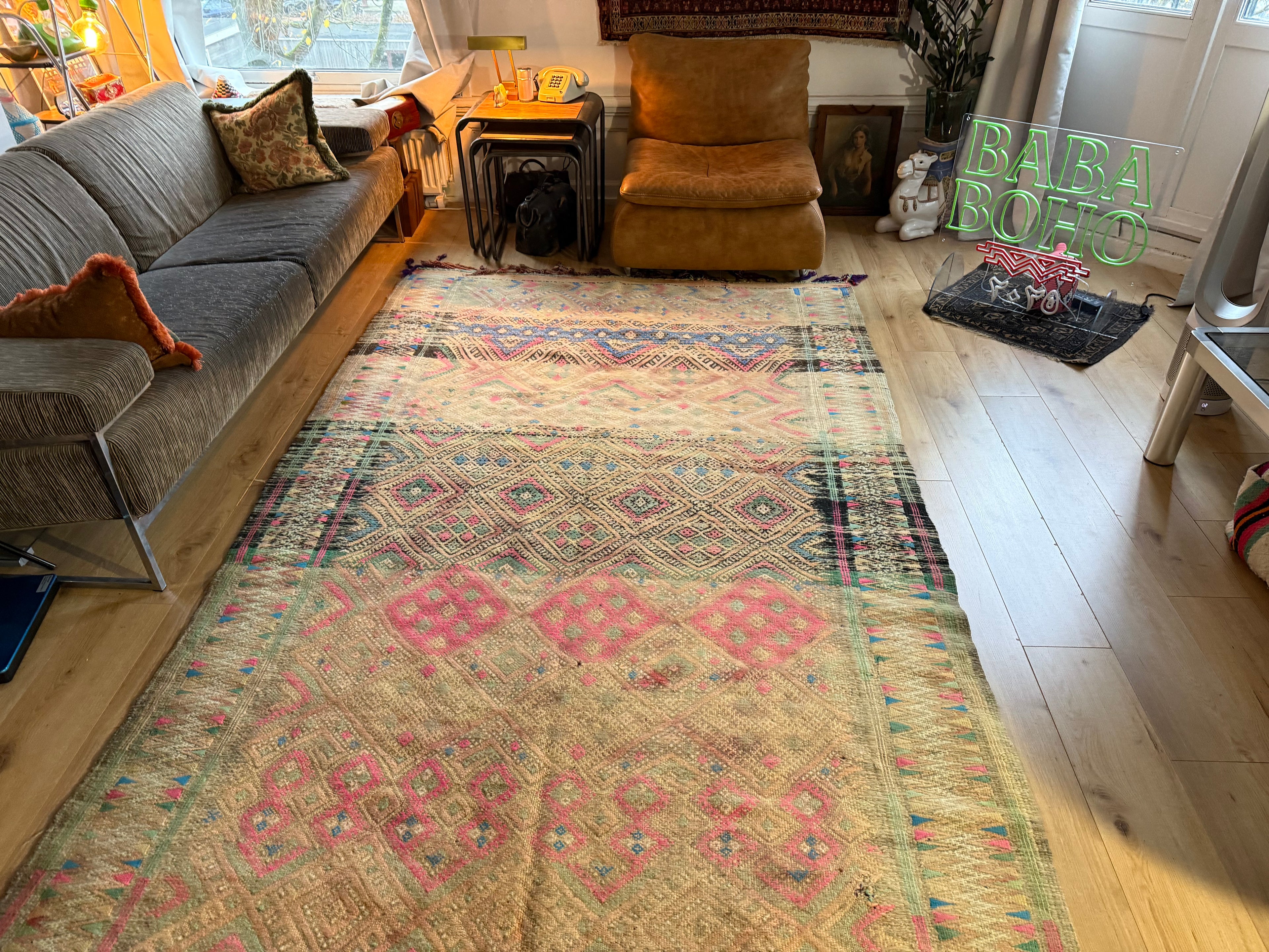 Vintage Berber tapijt in zachte pasteltinten – 362 × 180 cm