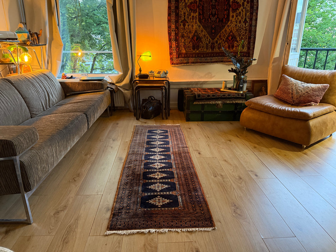 Handgeknoopte vintage loper – Baluchi stijl – ca. 280 × 75 cm