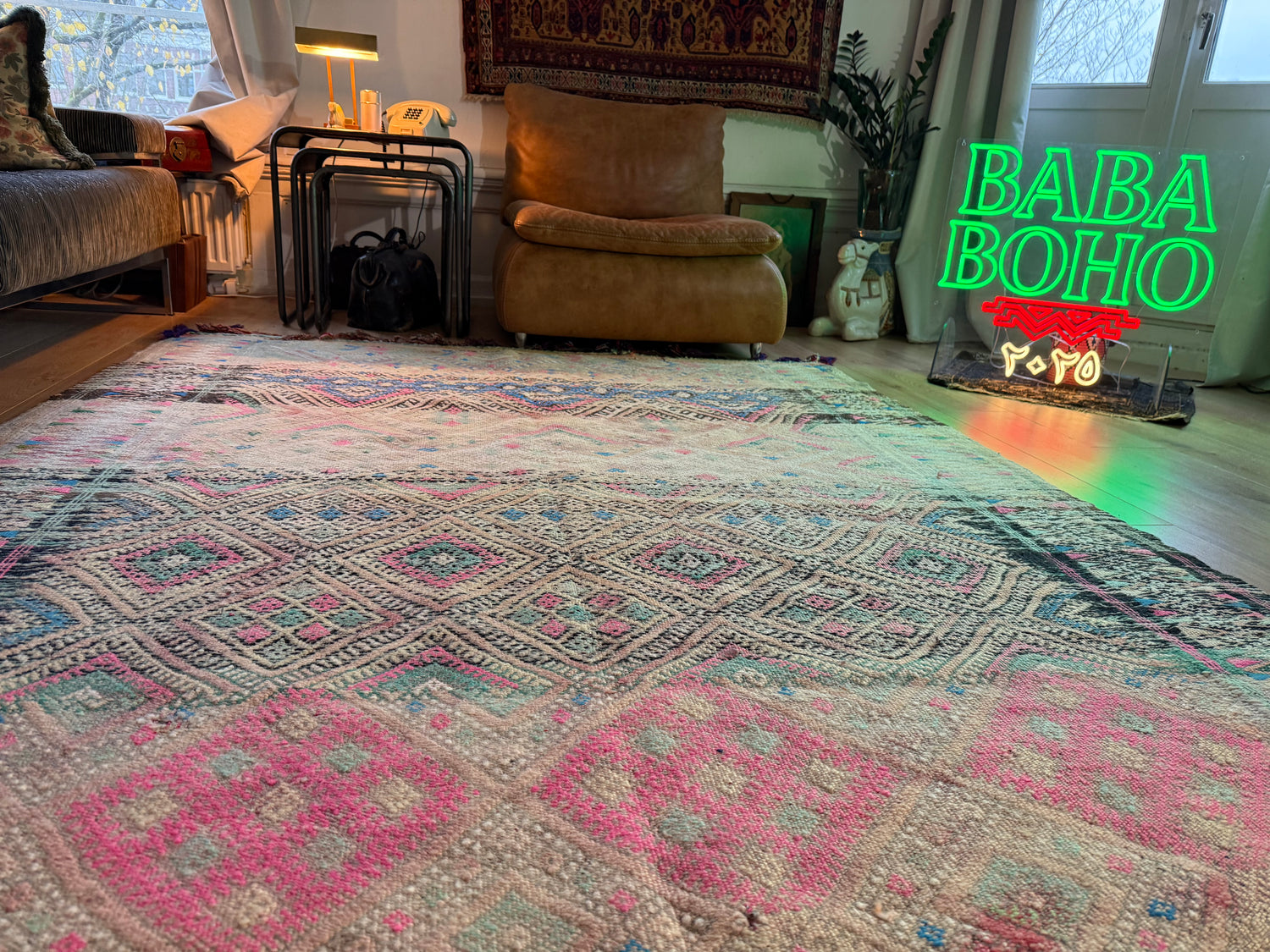 Vintage Berber tapijt in zachte pasteltinten – 362 × 180 cm