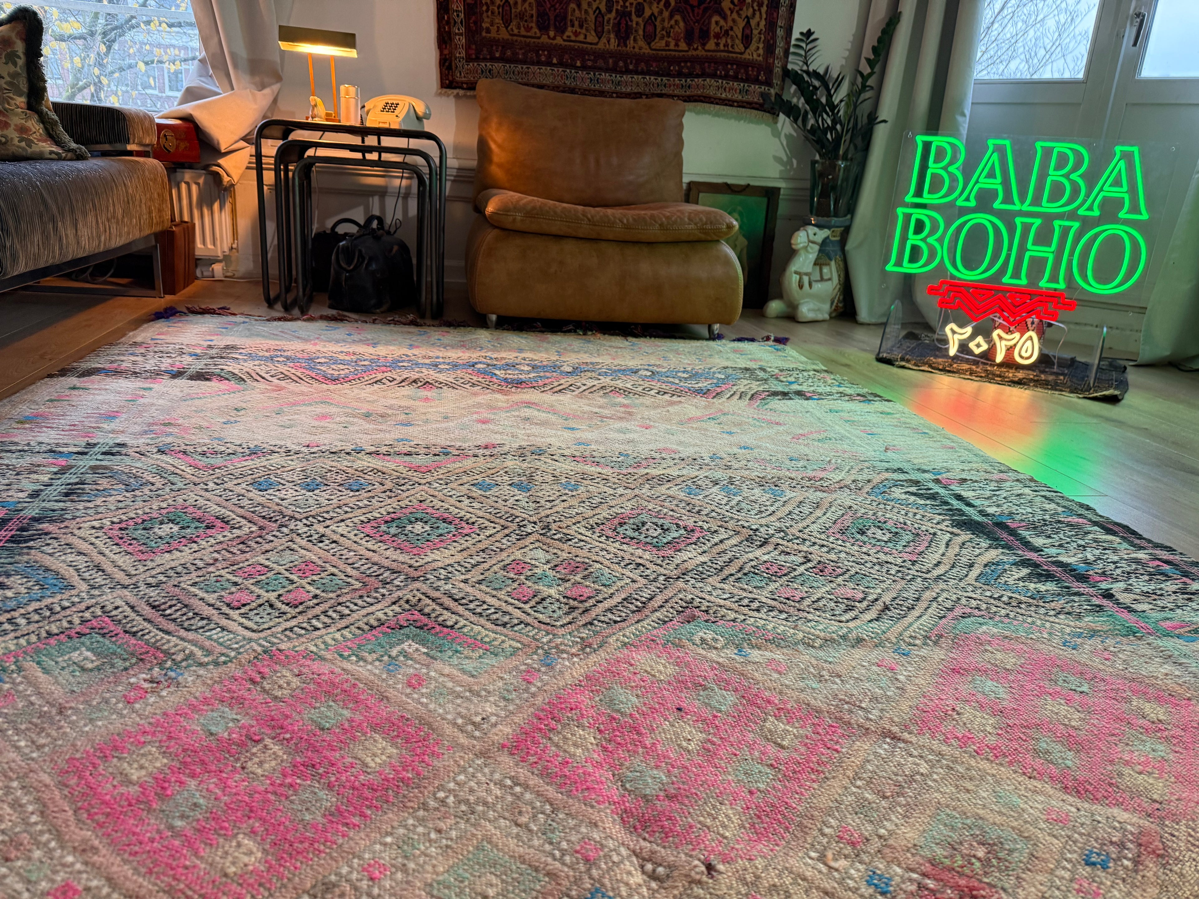 Vintage Berber tapijt in zachte pasteltinten – 362 × 180 cm