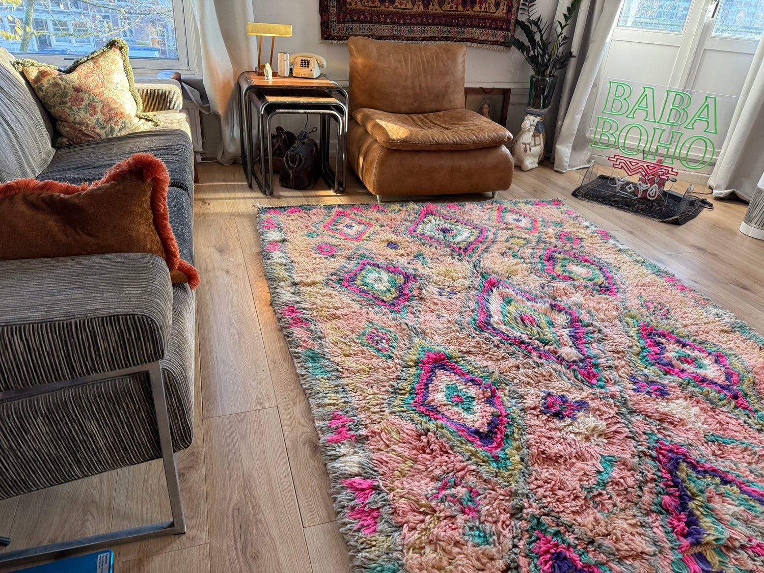 Authentiek handgeknoopt vintage tapijt – kleurrijk boho design – ca. 344 × 174 cm