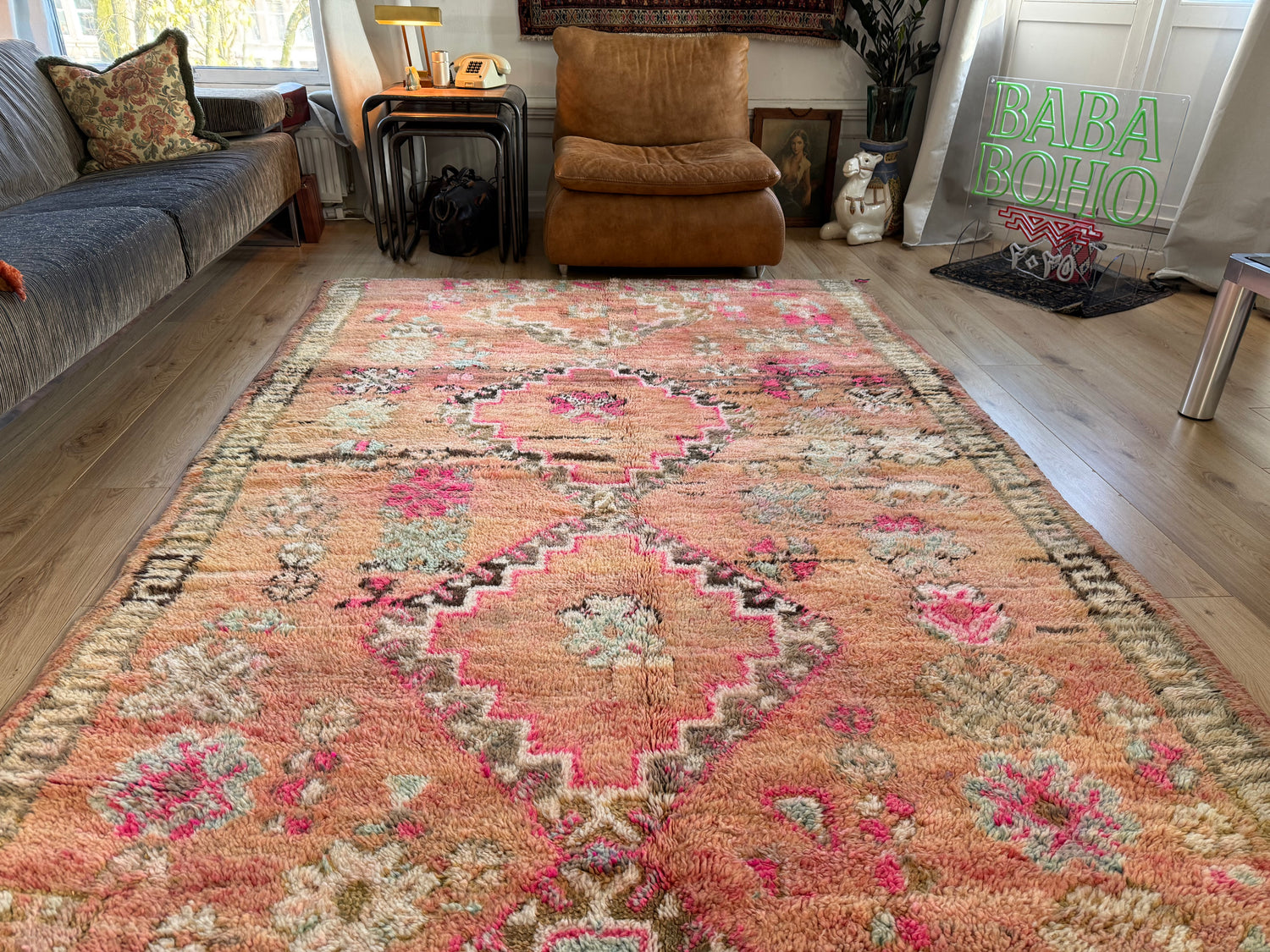 Vintage handgeknoopt tapijt – warm pastel &amp; roze – ca. 303 × 182 cm