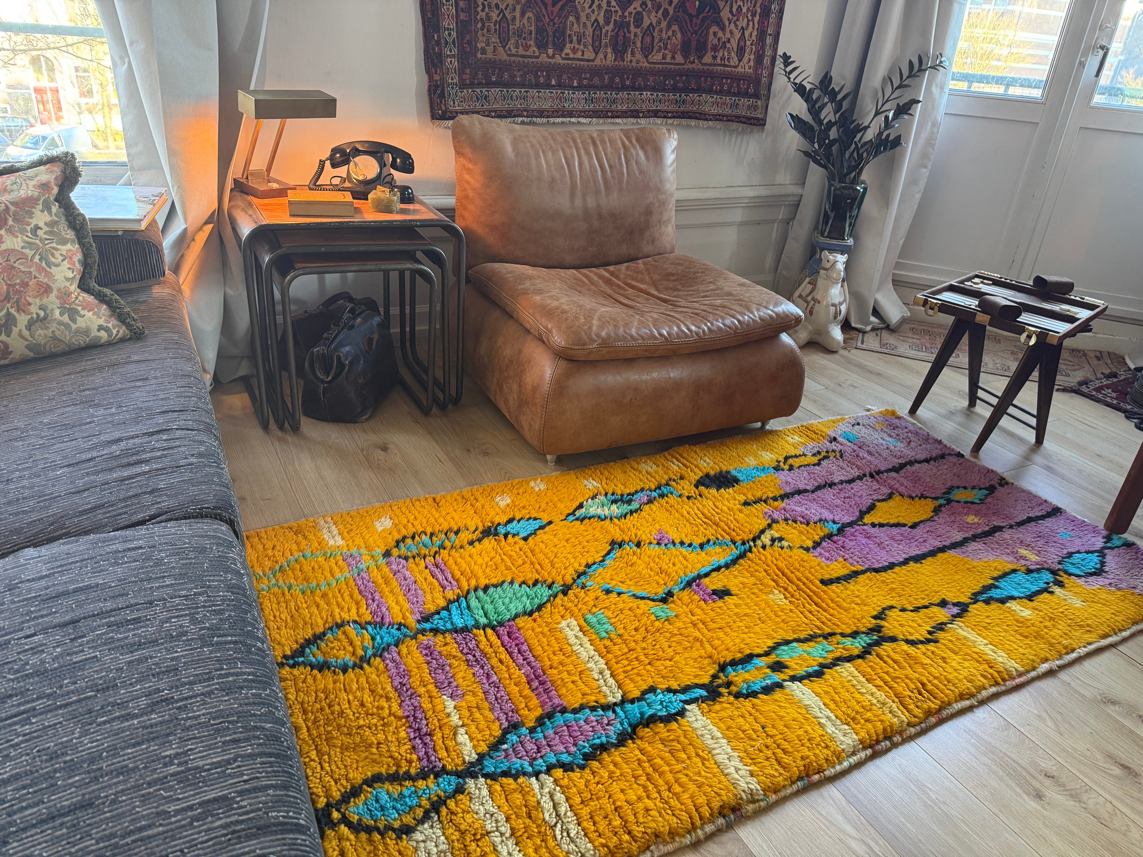 Vintage Moroccan runner – mustard yellow, lilac, and turquoise – 211 × 100 cm