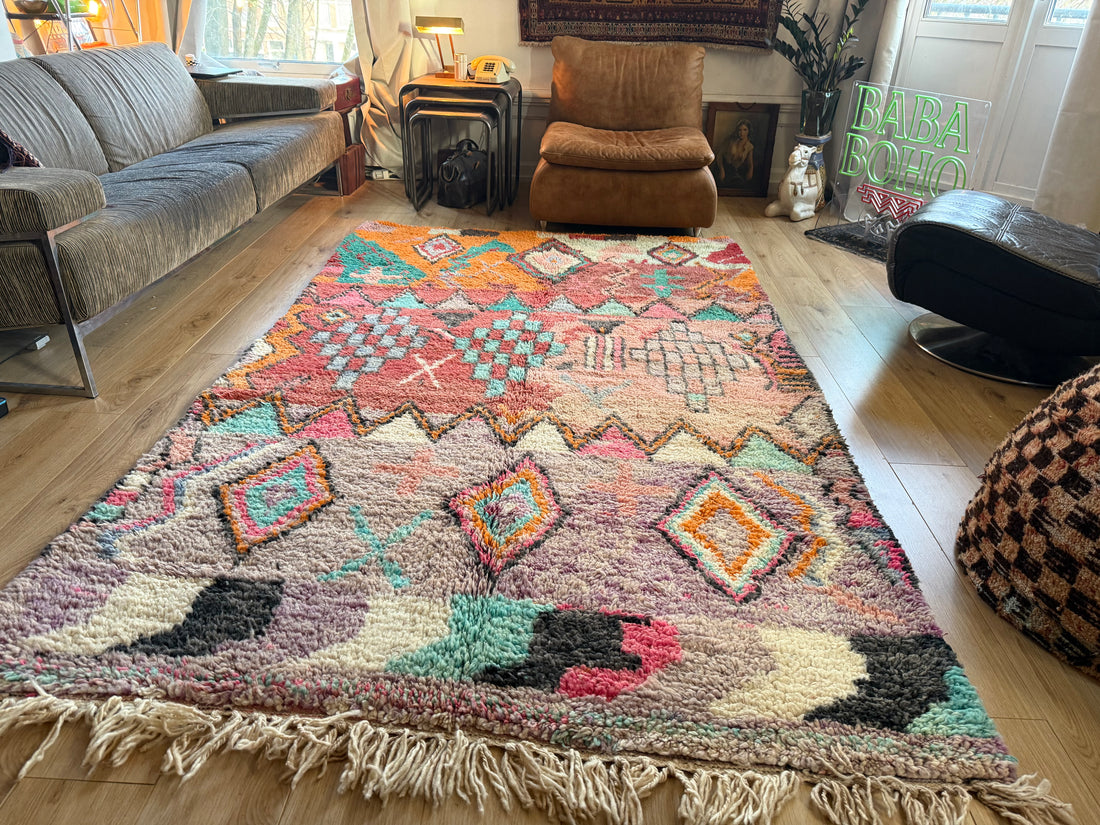 Kleurrijk handgeknoopt Marokkaans tapijt – 282 × 172 cm – boho vintage