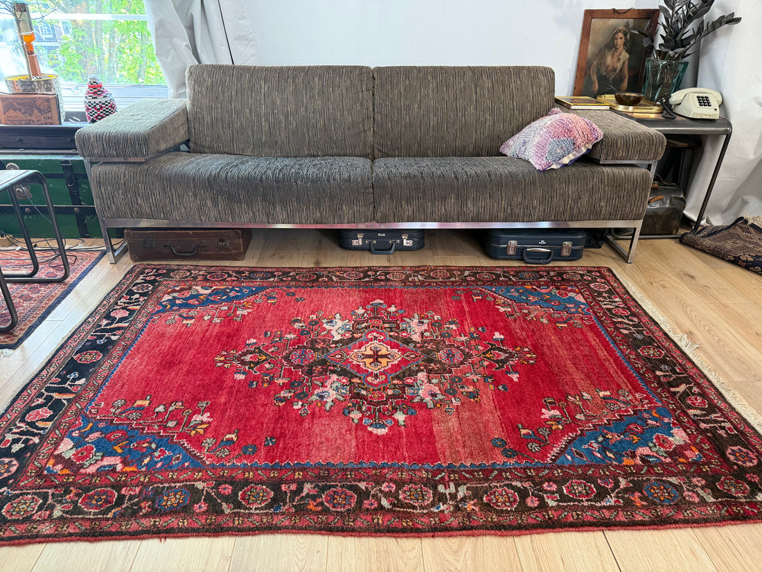 Handgeknoopt vintage Oosters tapijt – Heris-stijl – ca. 206 × 130 cm