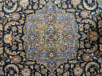 XL vintage medaillon tapijt in nachtblauw &amp; lichtblauw – ca. 408×295 cm