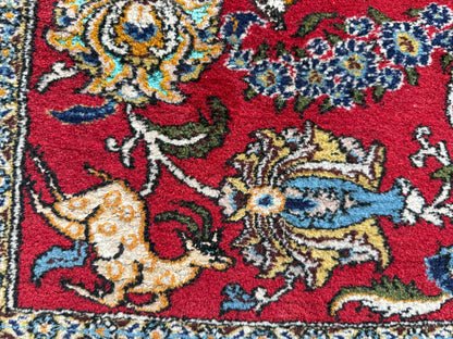 Vintage handgeknoopt wollen tapijt met vogels en gazellen – ca. 222 × 140 cm