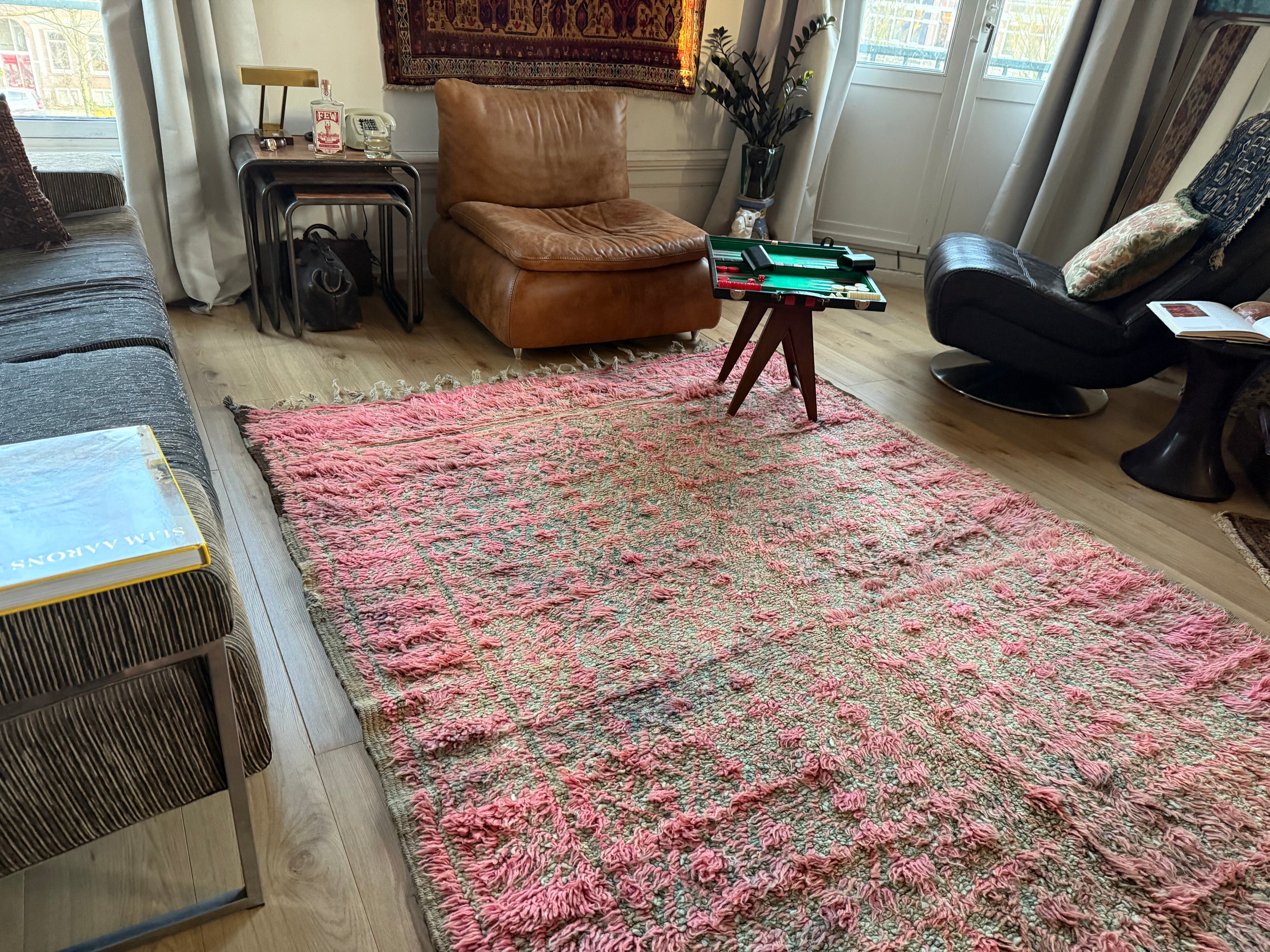 Vintage Marokkaans Berbertapijt – poederroze &amp; salie 290 × 180 cm