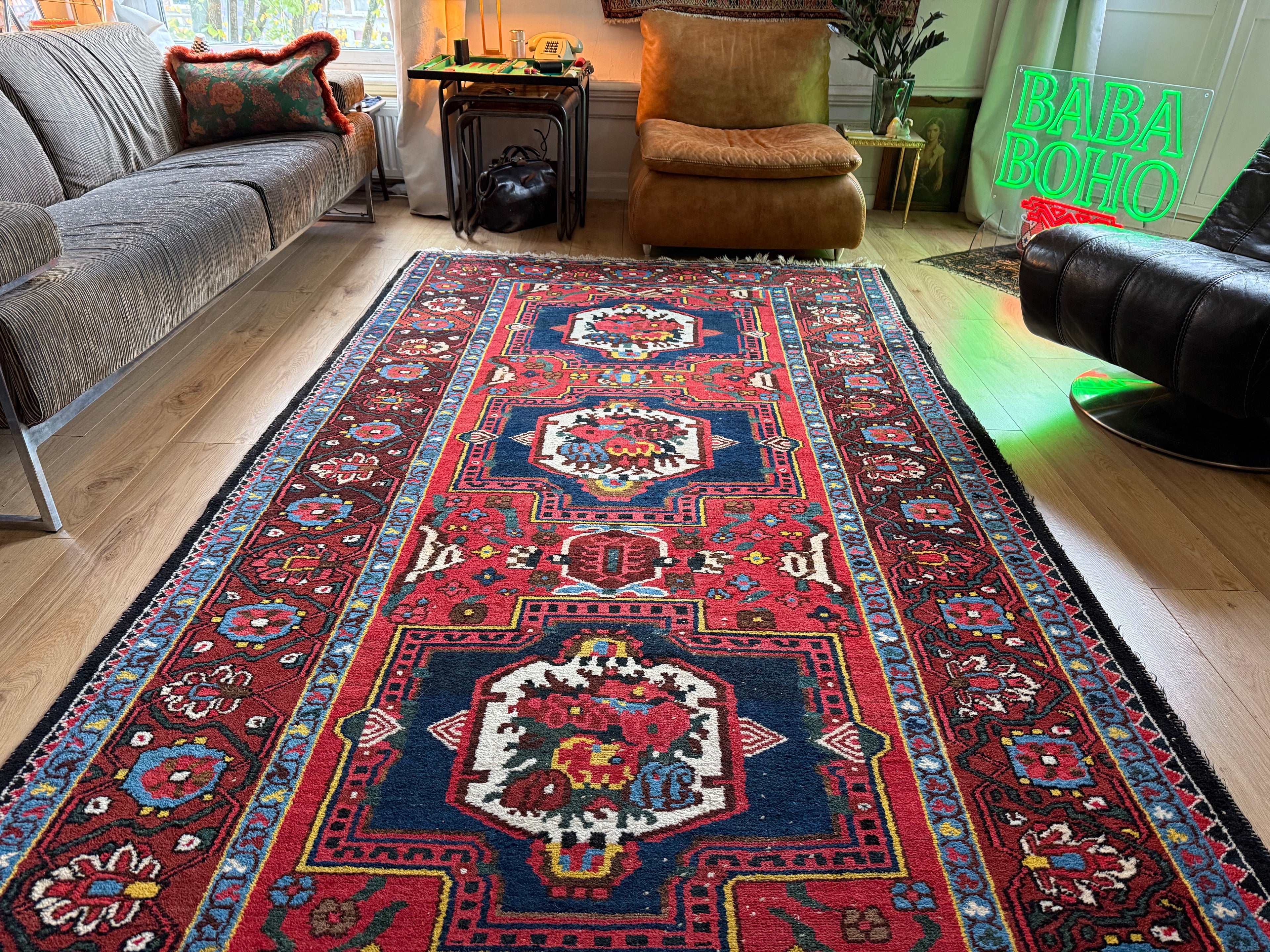 Lang vintage Heriz-stijl tapijt – 405 × 165 cm