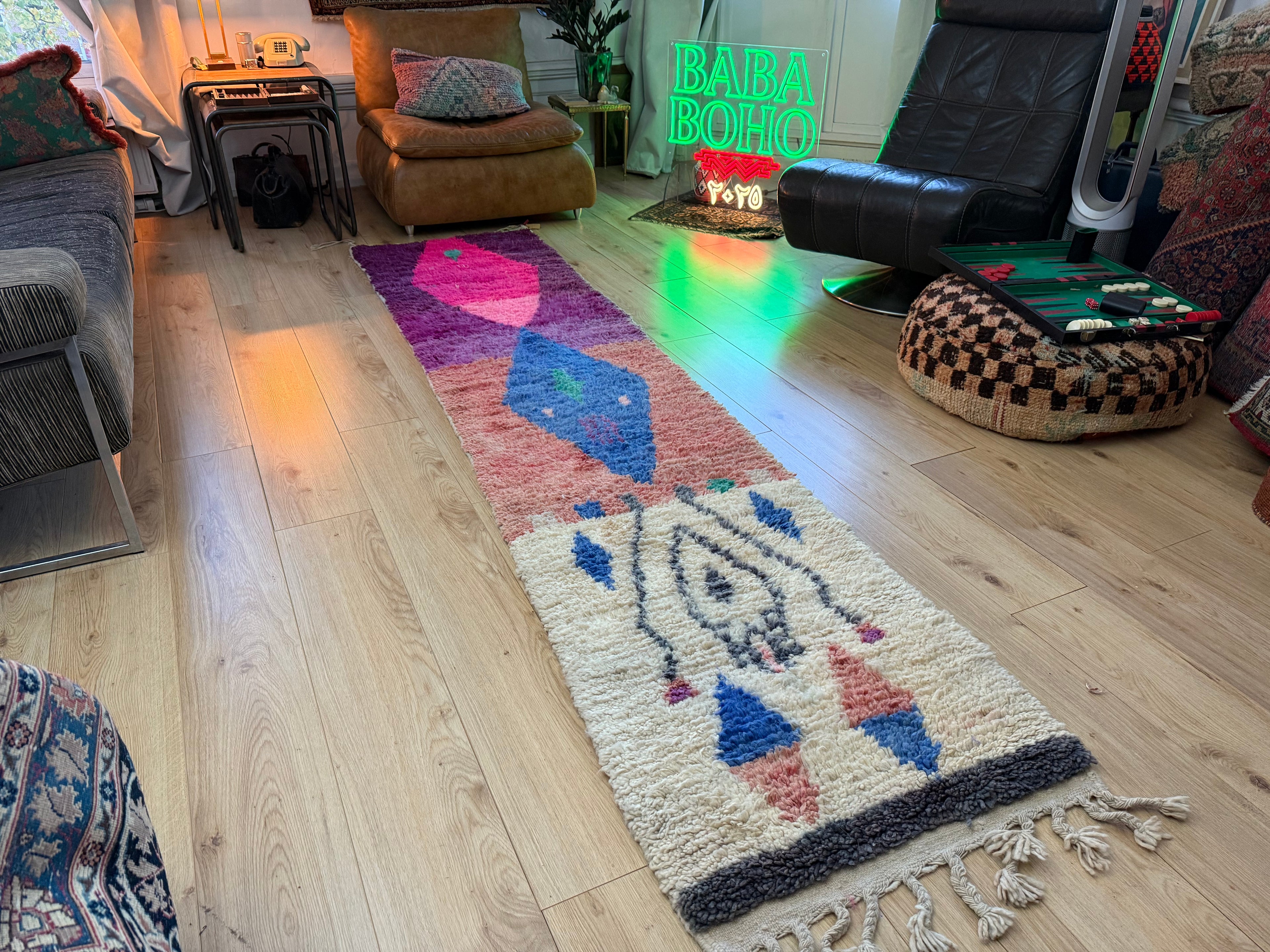 Authentiek Berber wollen kleed – kleurrijke Marokkaanse loper (310 × 70 cm)