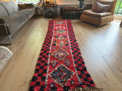 Handgeknoopt vintage tapijt – Boucherouite loper – ca. 295 × 85 cm