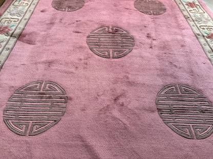 Vintage Art Deco tapijt in warm roze – 330 × 215 cm