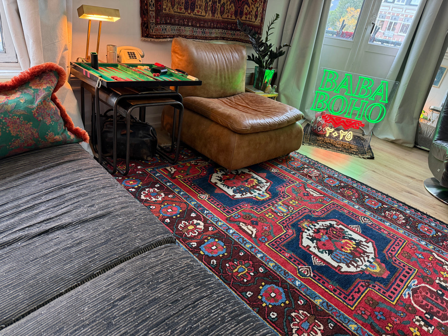 Lang vintage Heriz-stijl tapijt – 405 × 165 cm