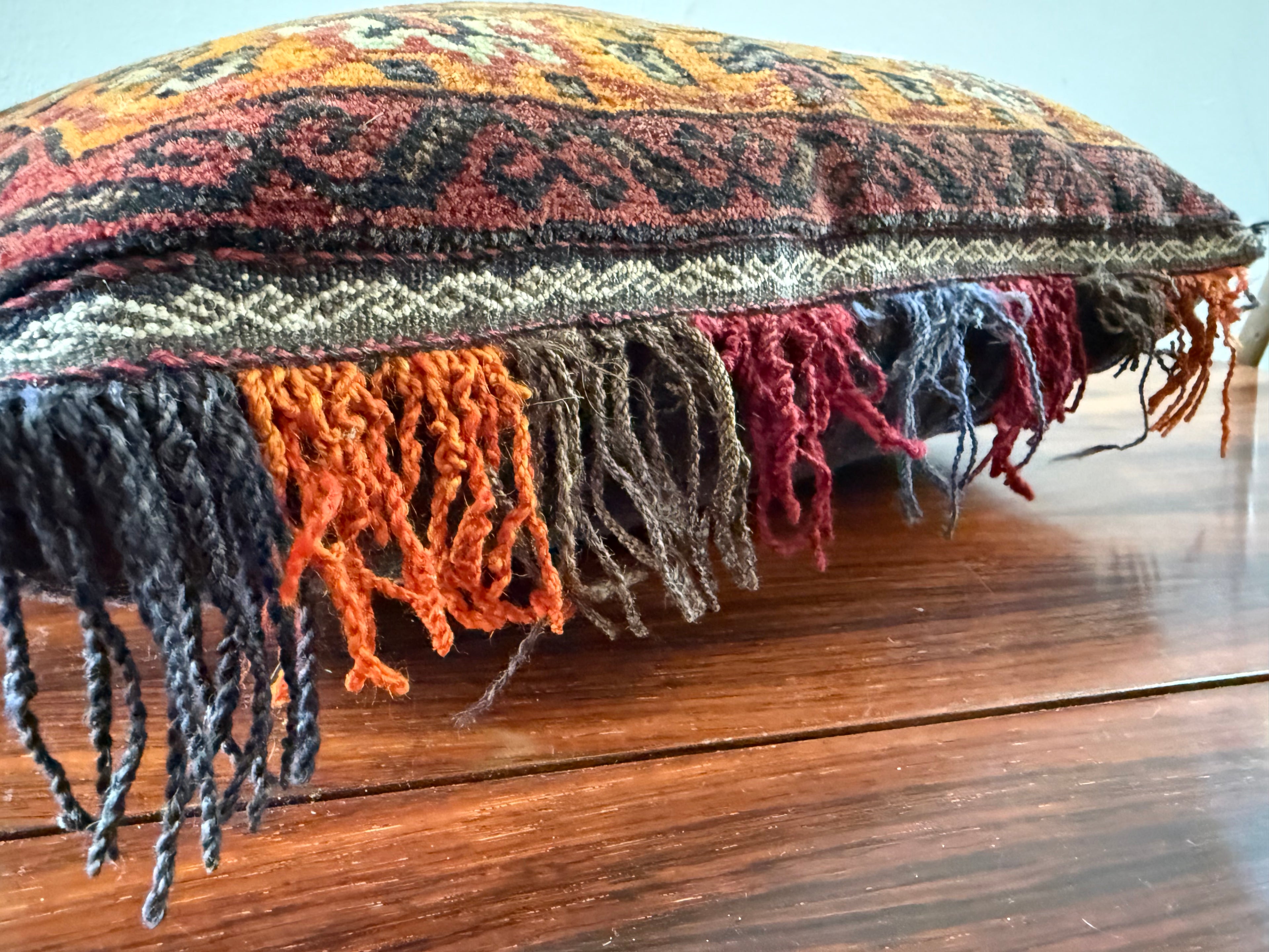 Vintage nomadic floor cushion made of hand-knotted wool, one of a kind