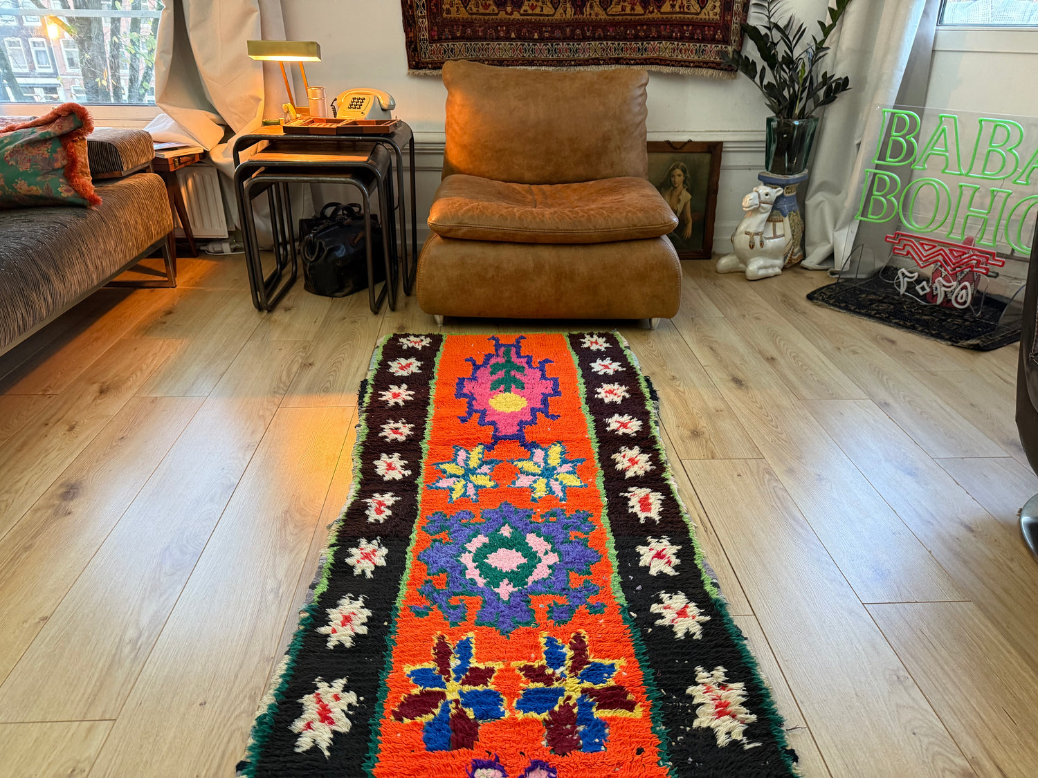 Authentiek handgeknoopt tapijt – kleurrijke boho stijl – ca. 274 × 75 cm