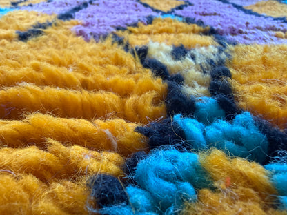 Vintage Moroccan runner – mustard yellow, lilac, and turquoise – 211 × 100 cm