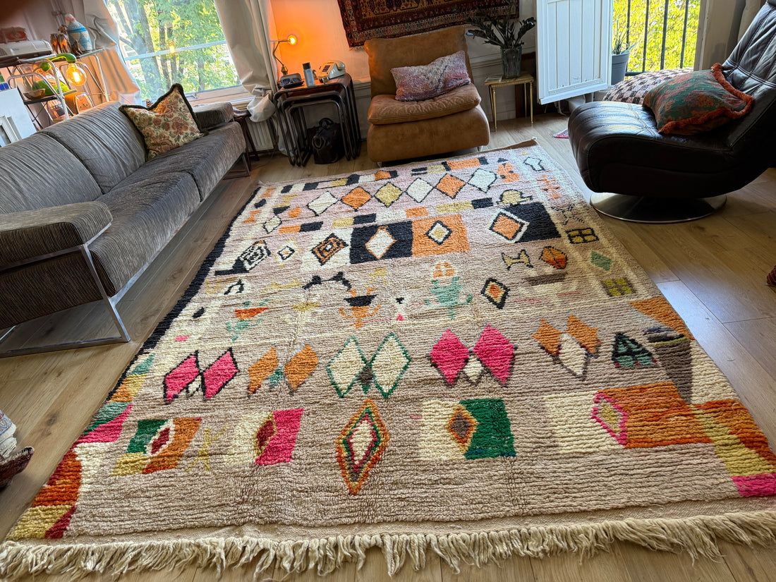 Handgeknoopt Marokkaans vloerkleed – ca. 300 × 200 cm – kleurrijk geometrisch design