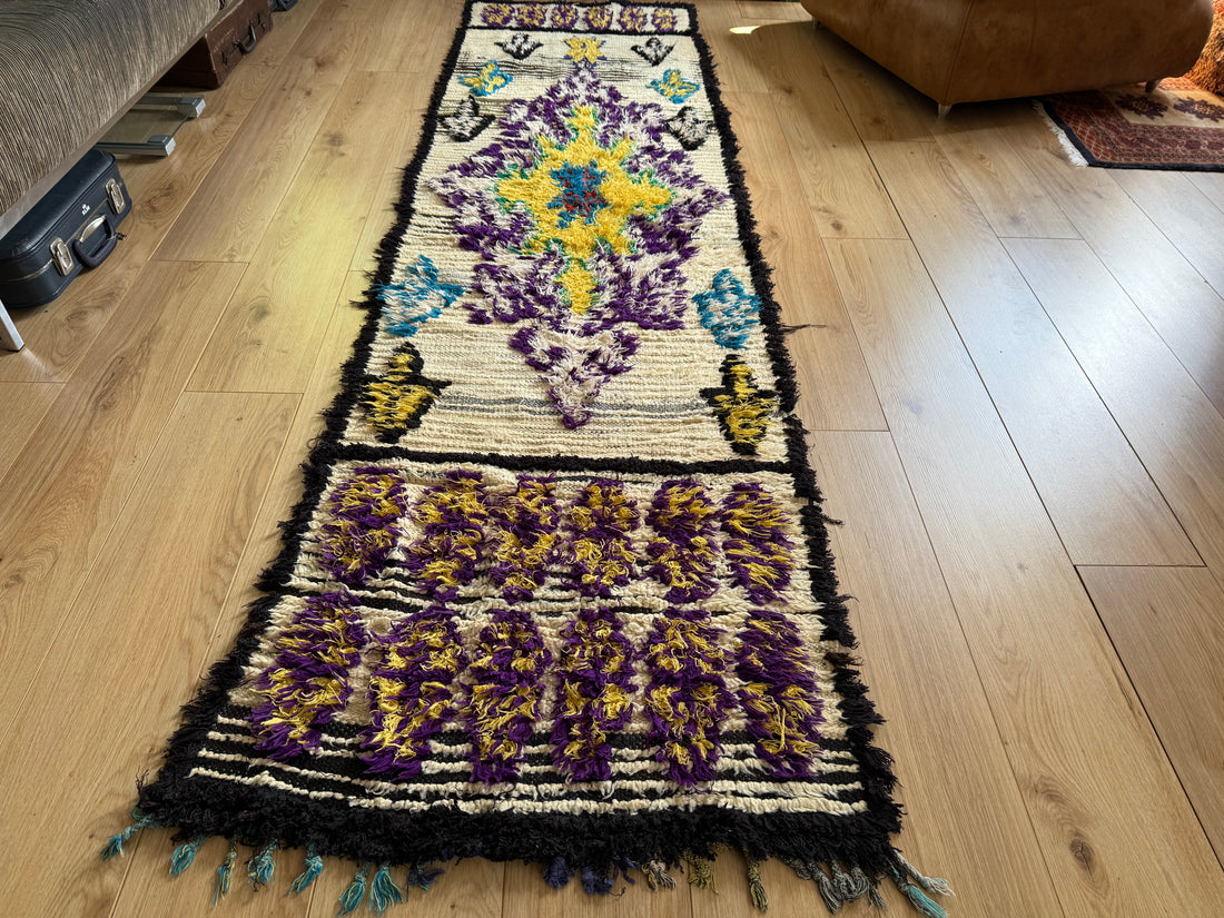 Handgeknoopte vintage Marokaanse Boucherouite loper – ca. 80 × 280 cm