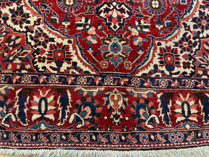 Vintage handgeknoopt tapijt 320 × 220 cm – klassiek rood met ivoor en donkerblauw