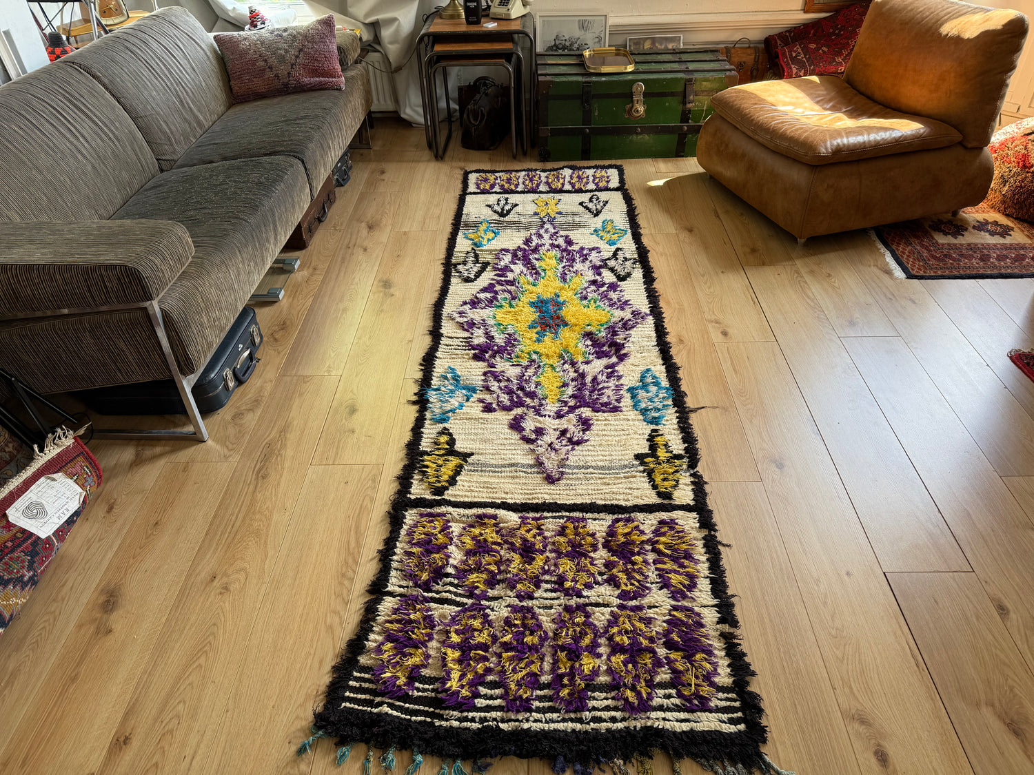 Handgeknoopte vintage Marokaanse Boucherouite loper – ca. 80 × 280 cm