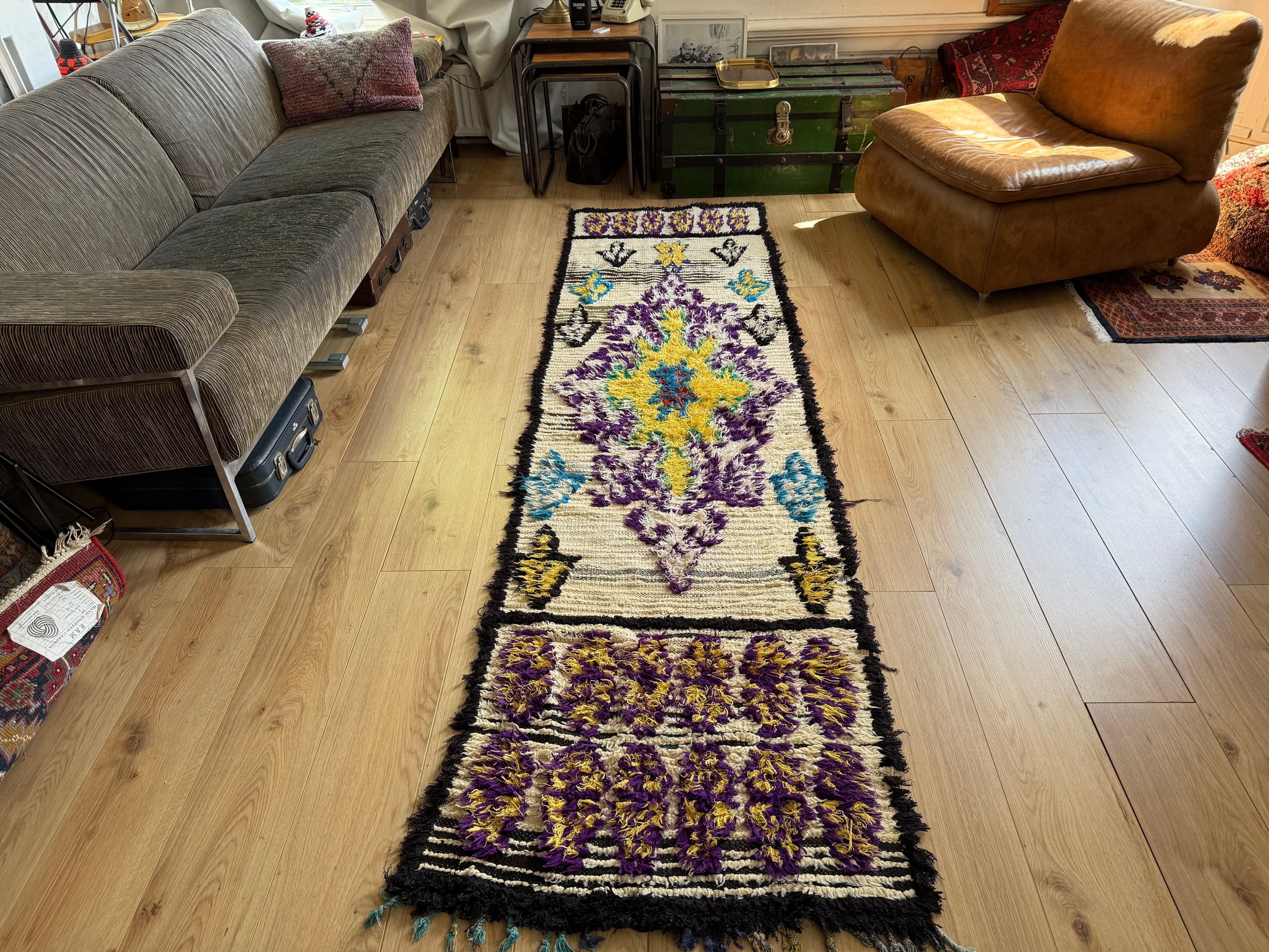Handgeknoopte vintage Marokaanse Boucherouite loper – ca. 80 × 280 cm