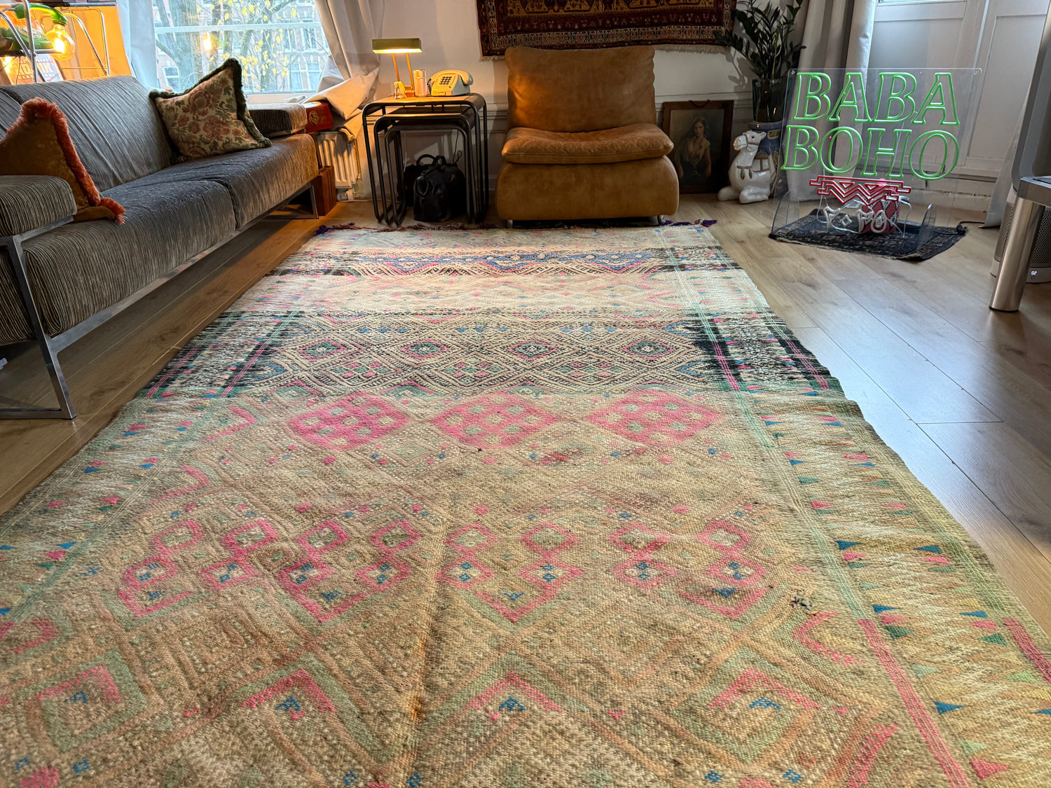 Vintage Berber tapijt in zachte pasteltinten – 362 × 180 cm