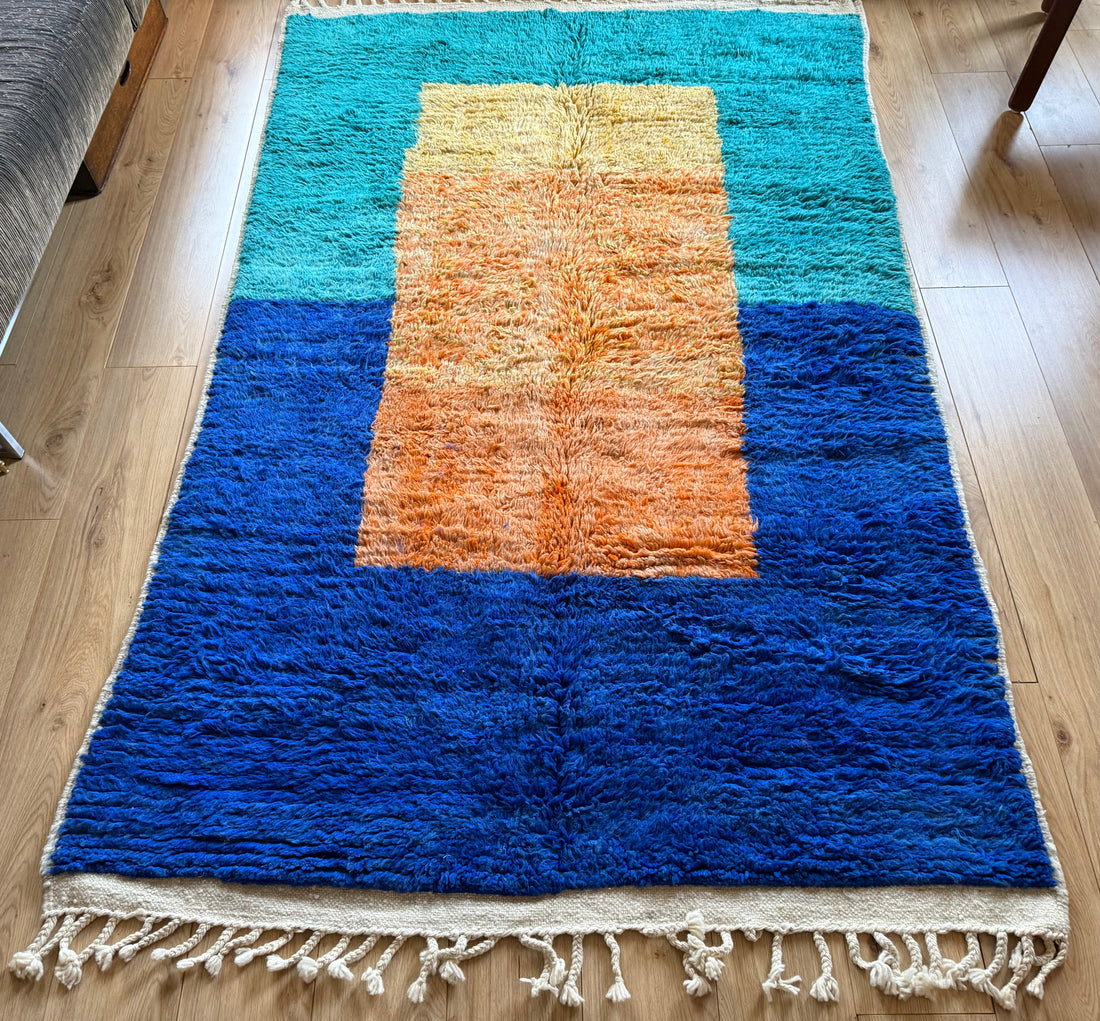 Tapete vintage moderno de pelo alto 260 × 156 cm – design gráfico de blocos de cor