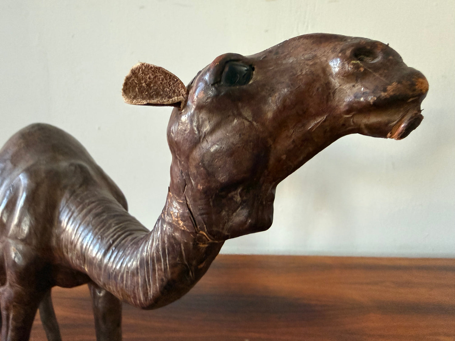 Vintage Dark Leather Camel (Dromedary) – Sculptural Handcrafted Wood &amp; Leather Object