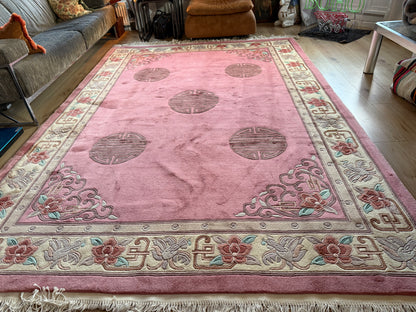 Vintage Art Deco tapijt in warm roze – 330 × 215 cm